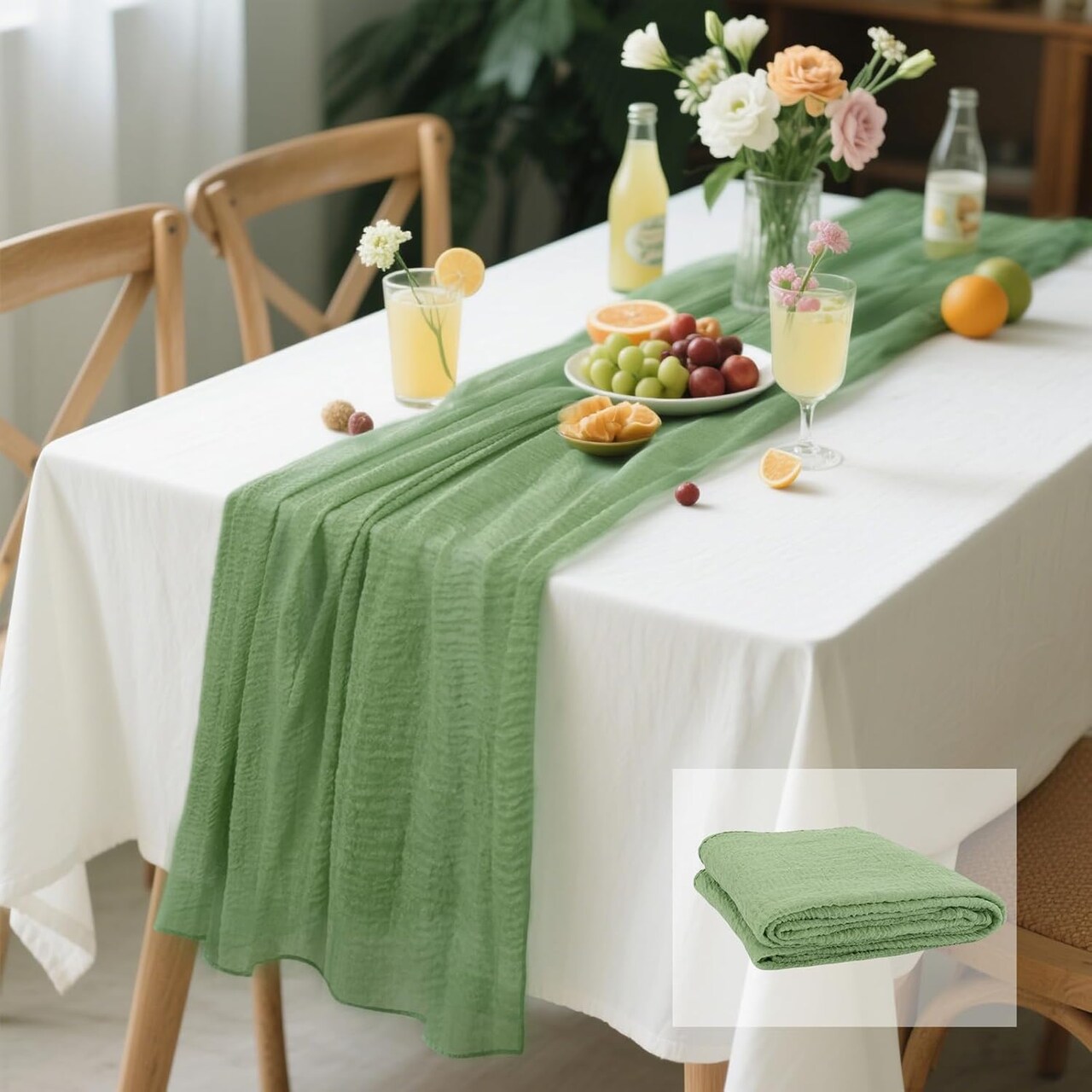 Sage Green Cheesecloth Table Runner 120 Inch 10FT Boho Cheese Cloth Table Runners(Sage Green)120"L x 35"W